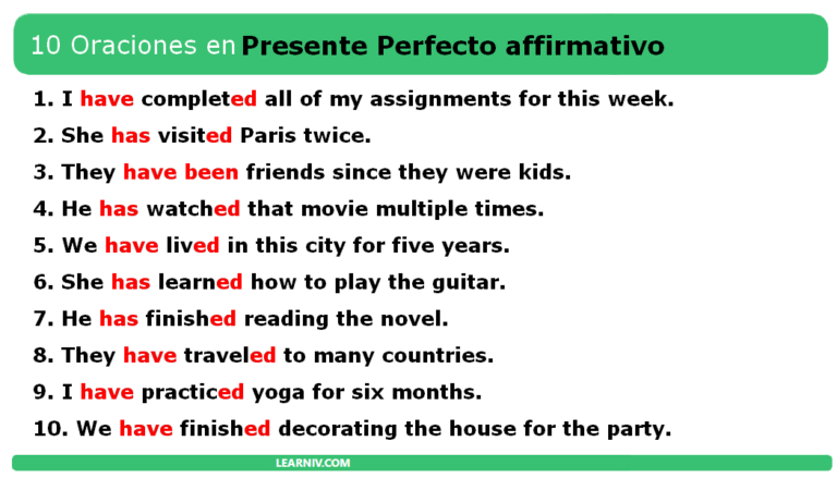 10 ejemplos de oraciones en presente perfecto en inglés y español ...