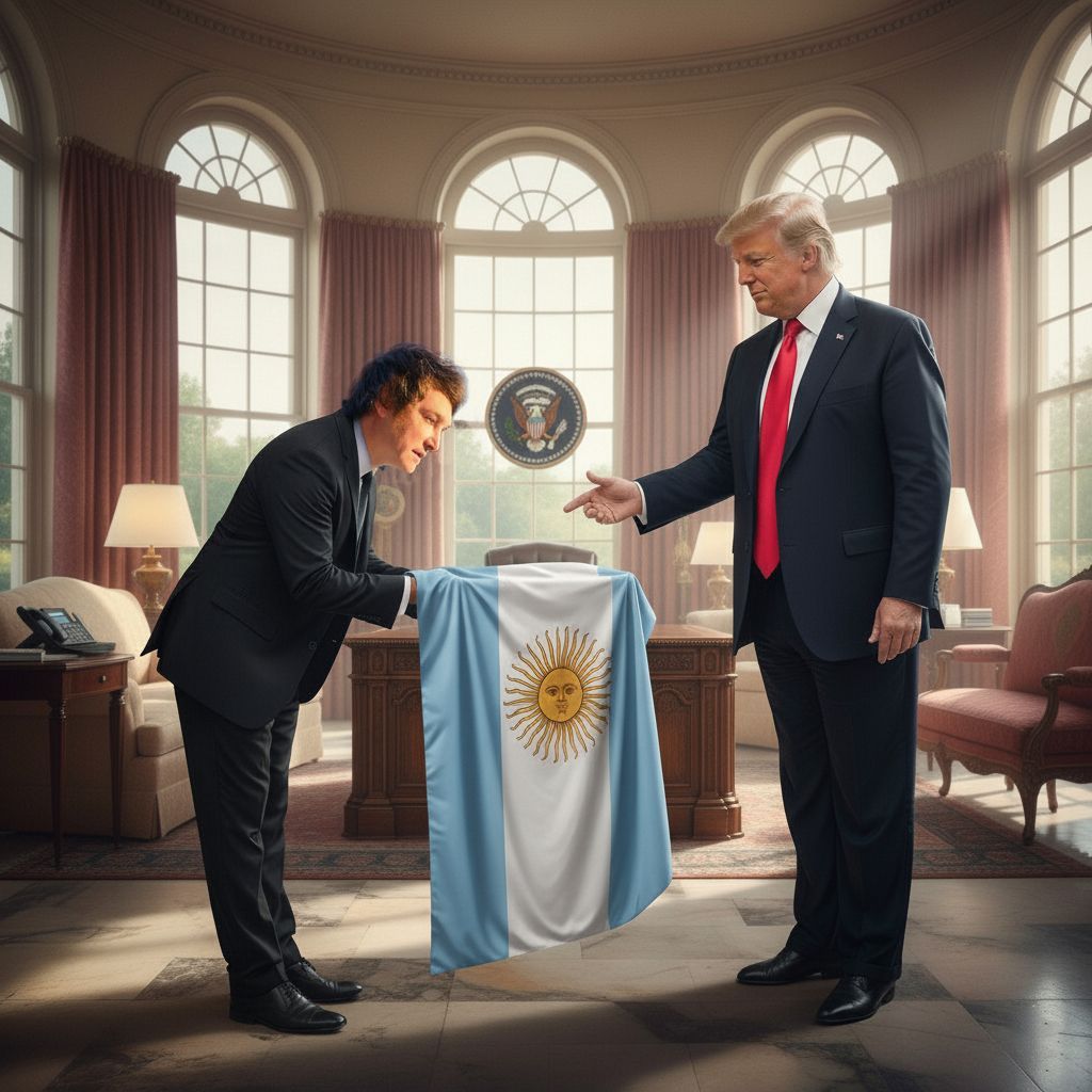 La derecha argentina y su propuesta de volver a ser una colonia: análisis y críticas al acuerdo firmado con Estados Unidos 1 Credito imagen realizada con IA Genini Verduga web milei le entrega la bandera a trump